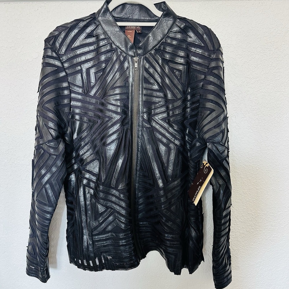 Multiples Faux Leather Geometric Pattern Zip Fron… - image 2